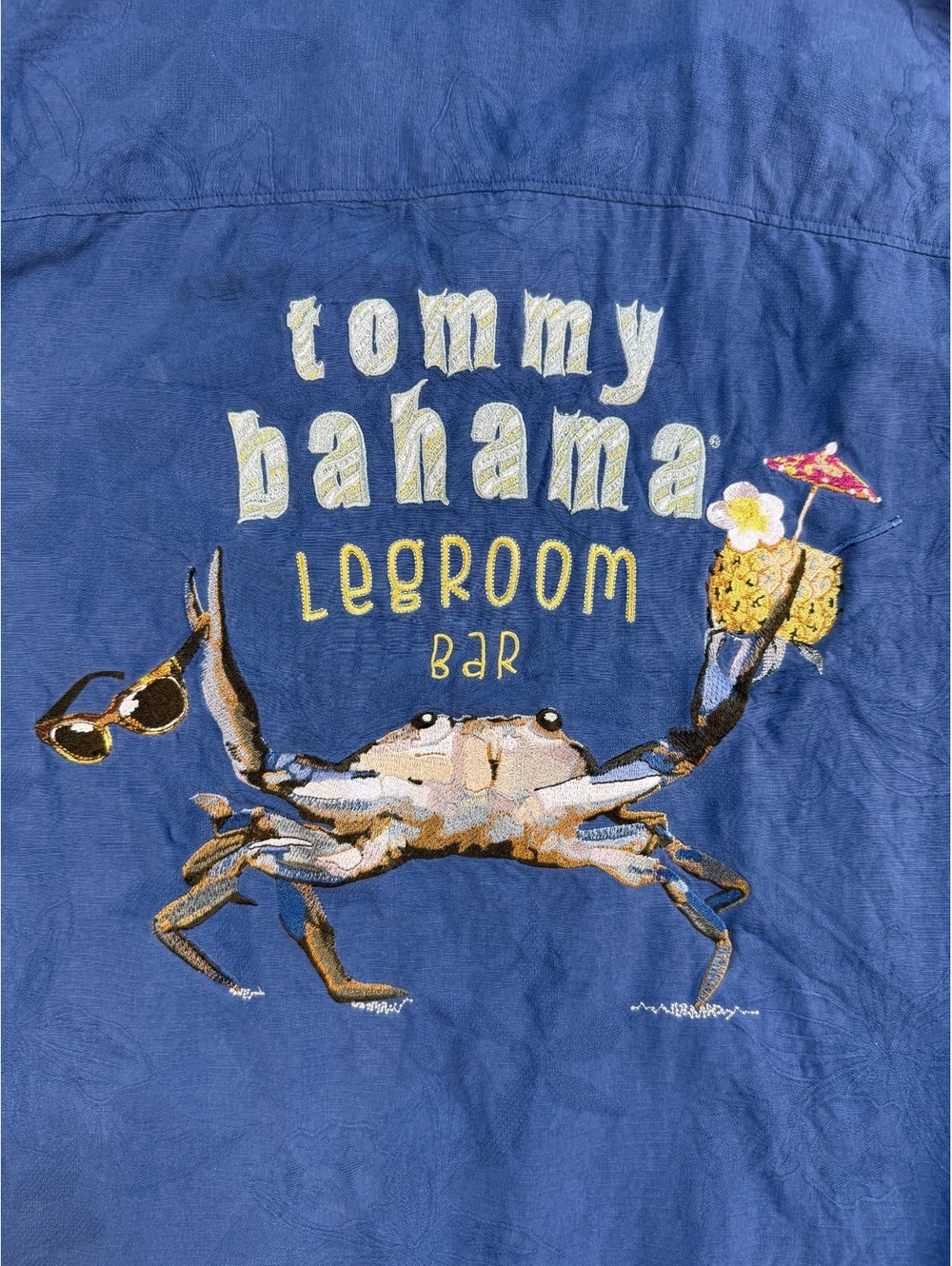 Tommy Bahama Legroom Bar Shirt XXL Blue Silk Embroidered Crab Hawaiian Camp
